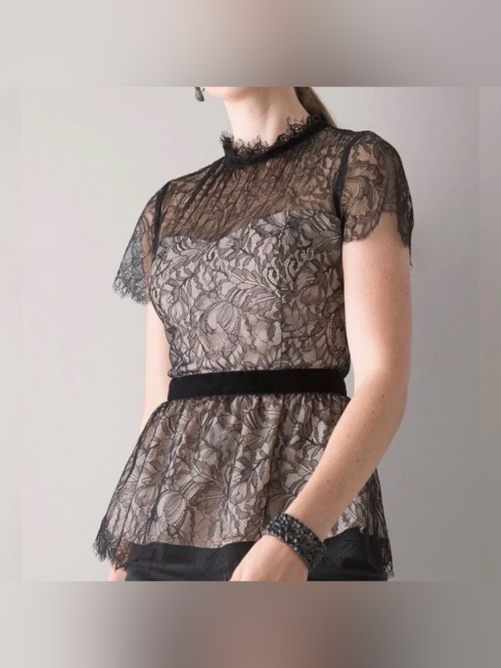 NWT White House Black Market Contrast Bodice Lace Peplum Women’s Top, sz 16